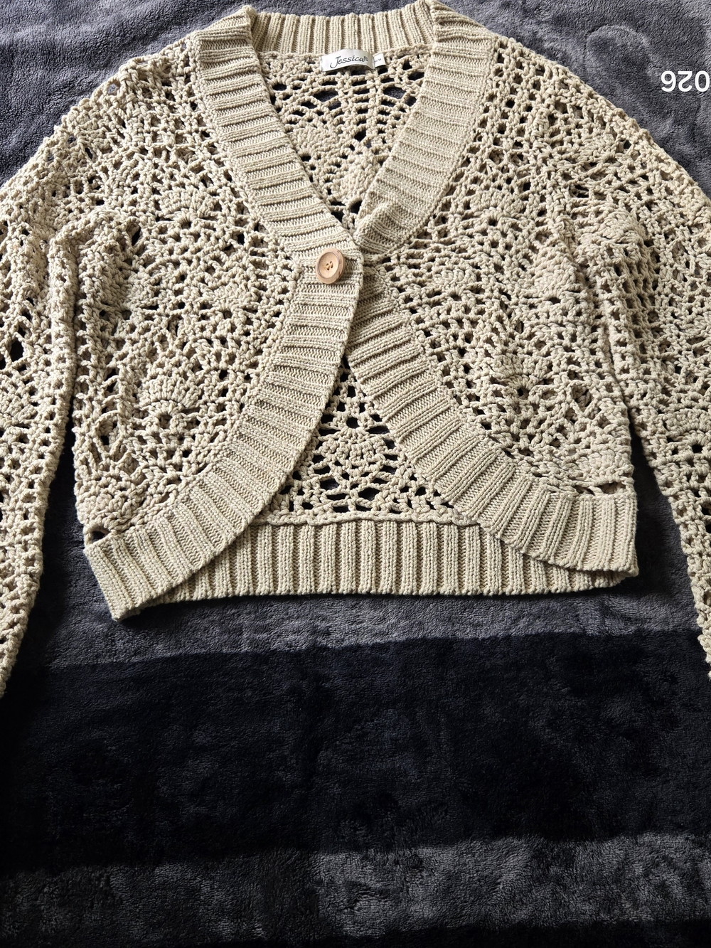 Jessica Crochet Openwork Button-Front Cropped Sweater - Creamy Beige. Size M